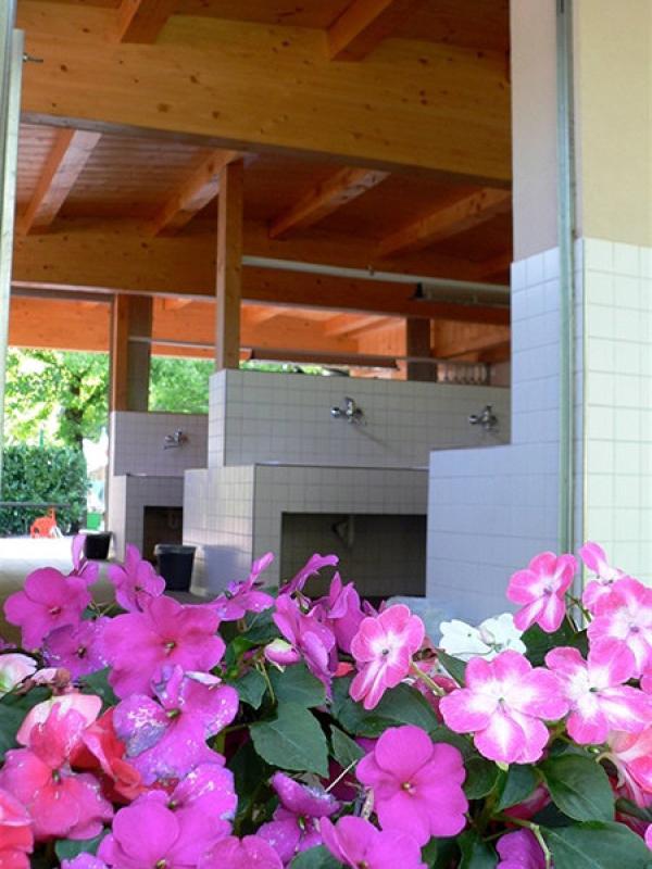 Fiori rosa davanti a lavandini all'aperto con tetto in legno.
