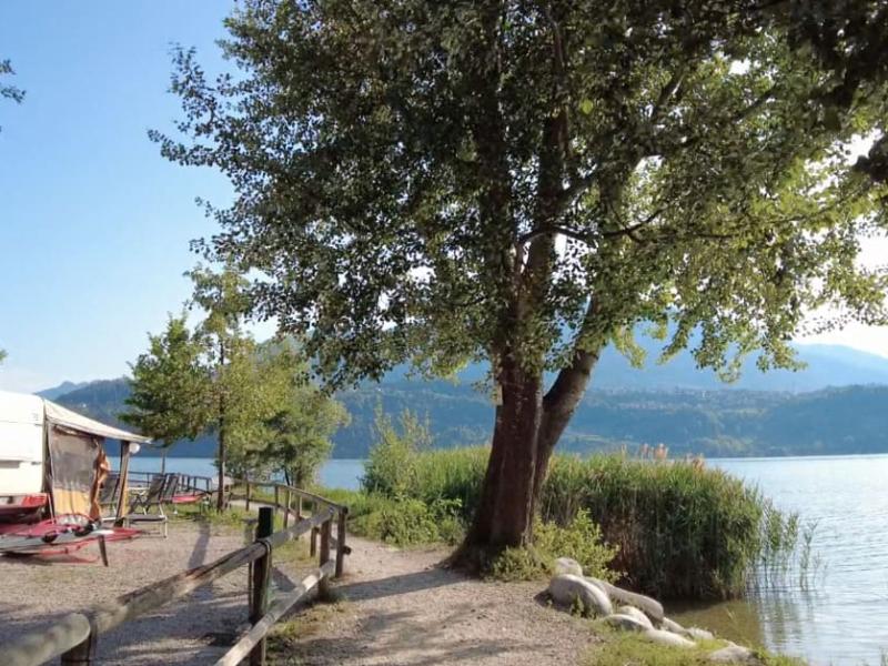 Camper vicino al lago, circondato da alberi e montagne sullo sfondo.