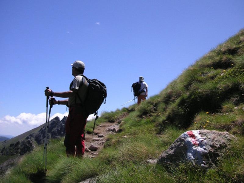 Escursionisti su un sentiero di montagna, cielo sereno e segnavia su roccia.