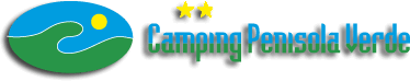 Logo del Camping Penisola Verde con due stelle e un'onda stilizzata.